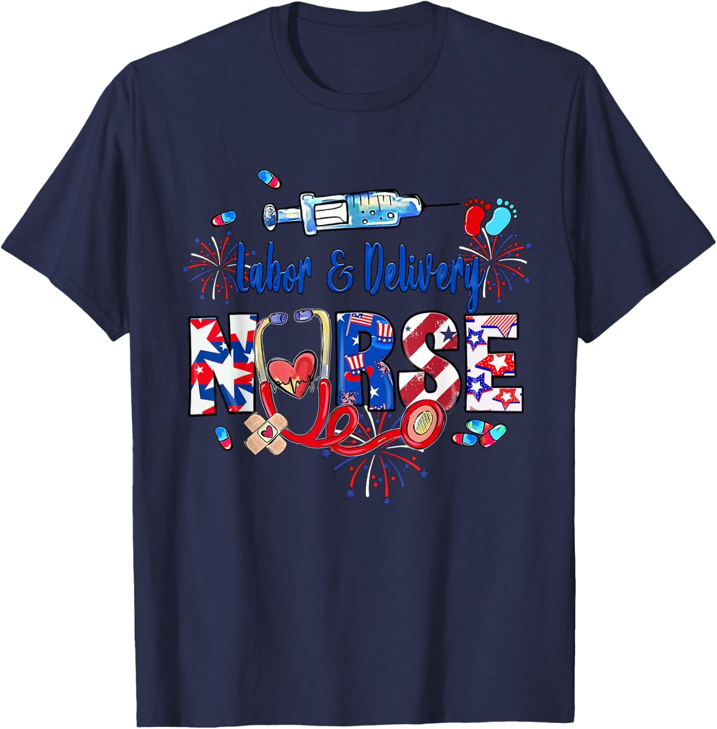 Labor & Delivery Nurse American Flag Patriotic 4th Of July Men T-Shirt - T-Shirt | Navy