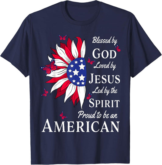 Blessed By God - Loved By Jesus, Proud American Sunflower T-Shirt - T-Shirt | Navy