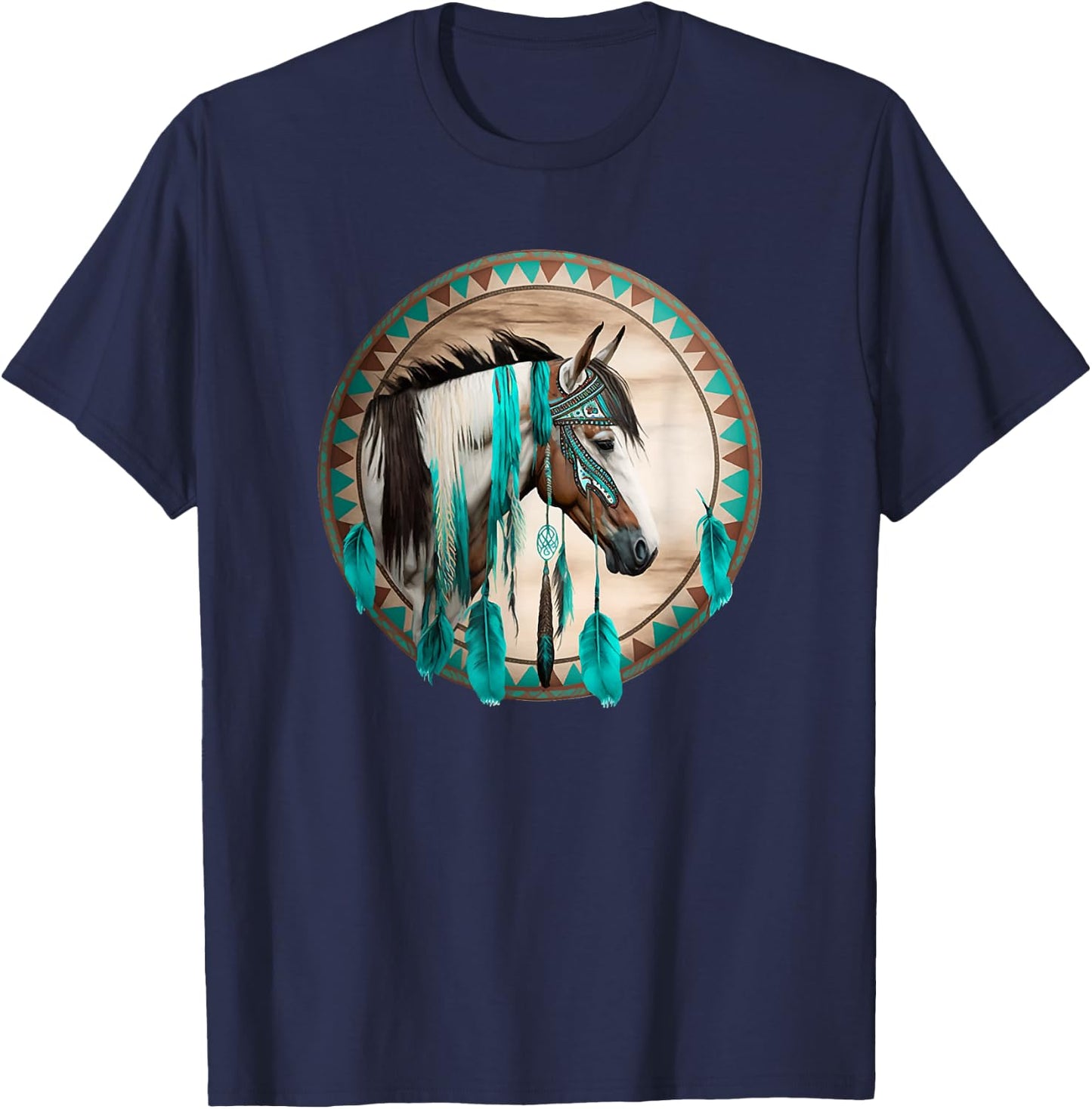 Western Horse Tribal Turquoise Stripe Design T-Shirt - T-Shirt | Navy