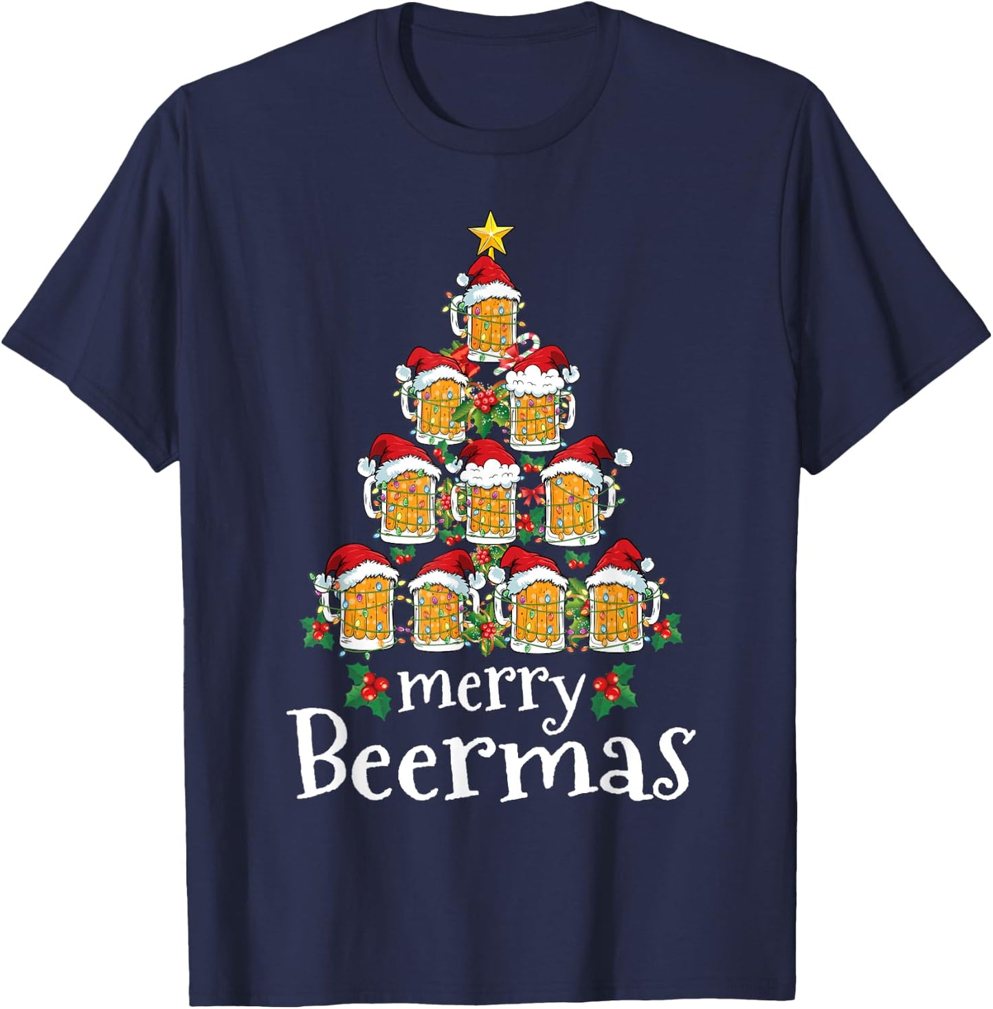 Funny Christmas Shirt Women Men Merry Beermas Beer Mug Tree T-Shirt - T-Shirt | Navy