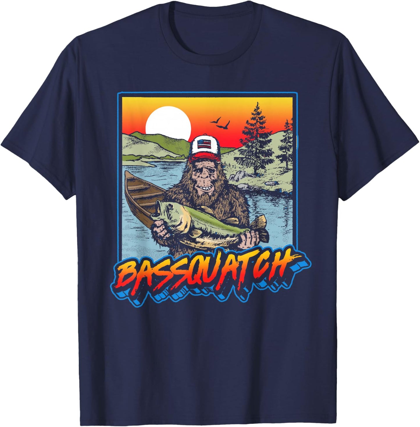Bassquatch! Funny Bass Fishing Sasquatch Retro 80s T-Shirt - T-Shirt | Navy