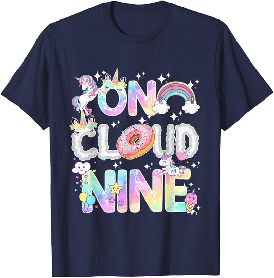 On Cloud Nine Unicorn Donut Birthday Shirt, 9th Birthday T-Shirt - T-Shirt | Navy