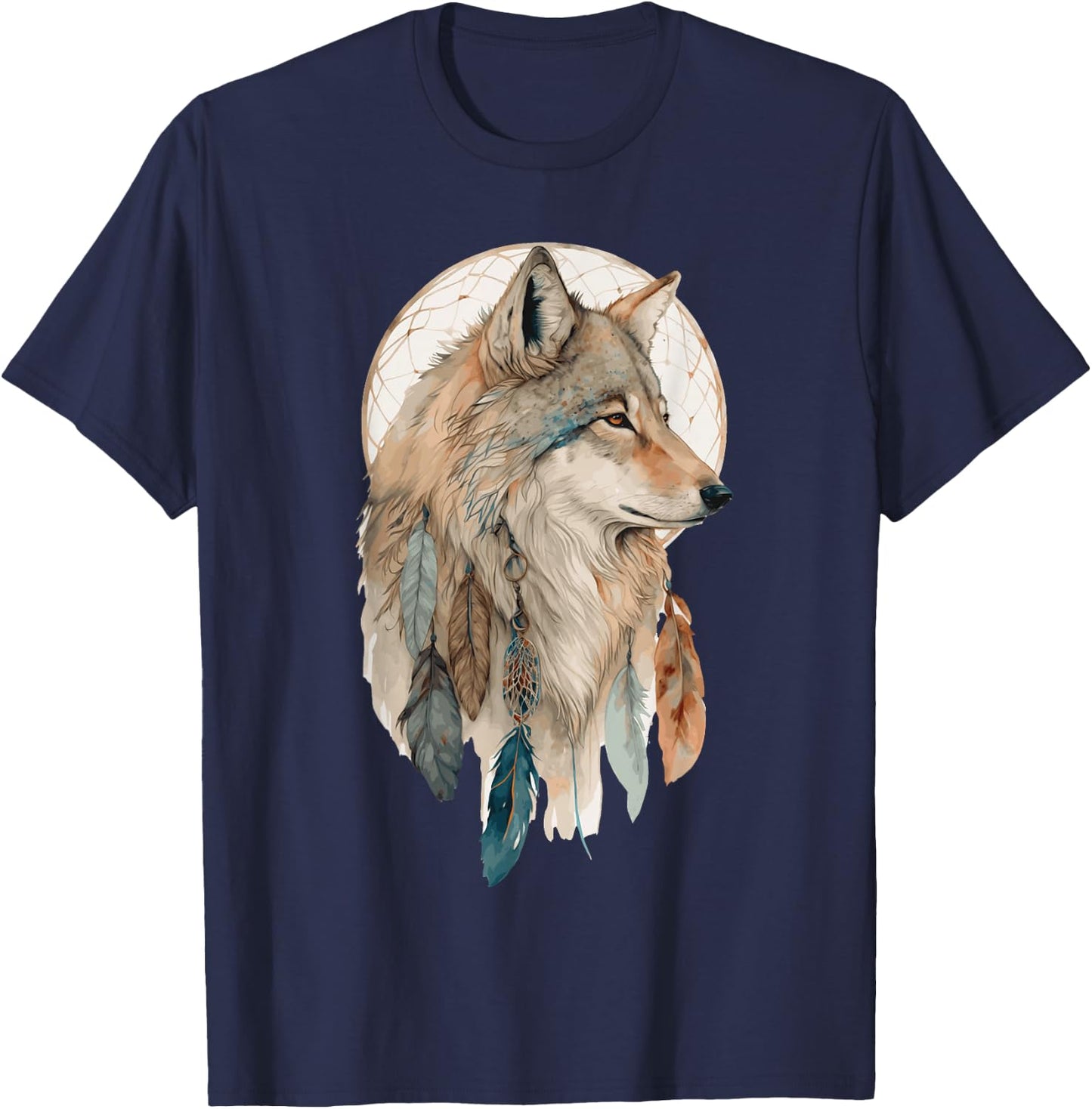 Wolf Tribal Watercolor Wolf Dream Catcher T-Shirt - T-Shirt | Navy
