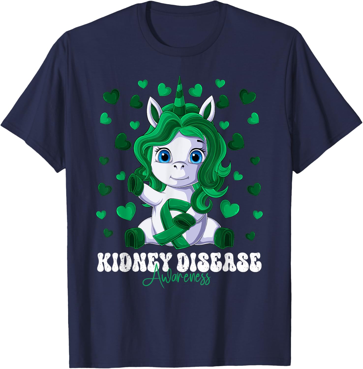 Kidney Disease Awareness Month Green Ribbon Unicorn T-Shirt - T-Shirt | Navy