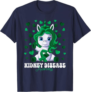 Kidney Disease Awareness Month Green Ribbon Unicorn T-Shirt - T-Shirt | Navy