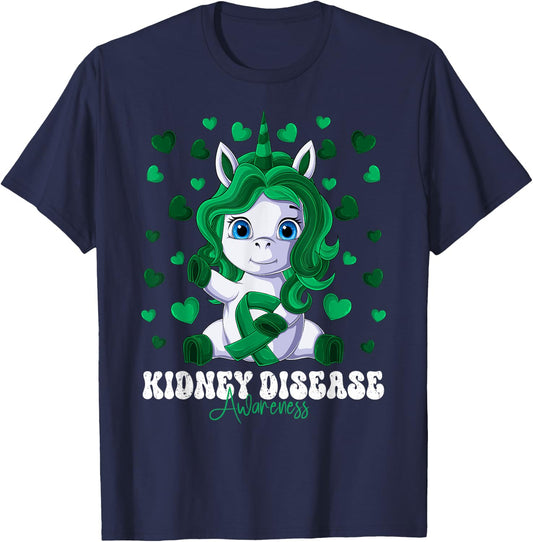 Kidney Disease Awareness Month Green Ribbon Unicorn T-Shirt - T-Shirt | Navy