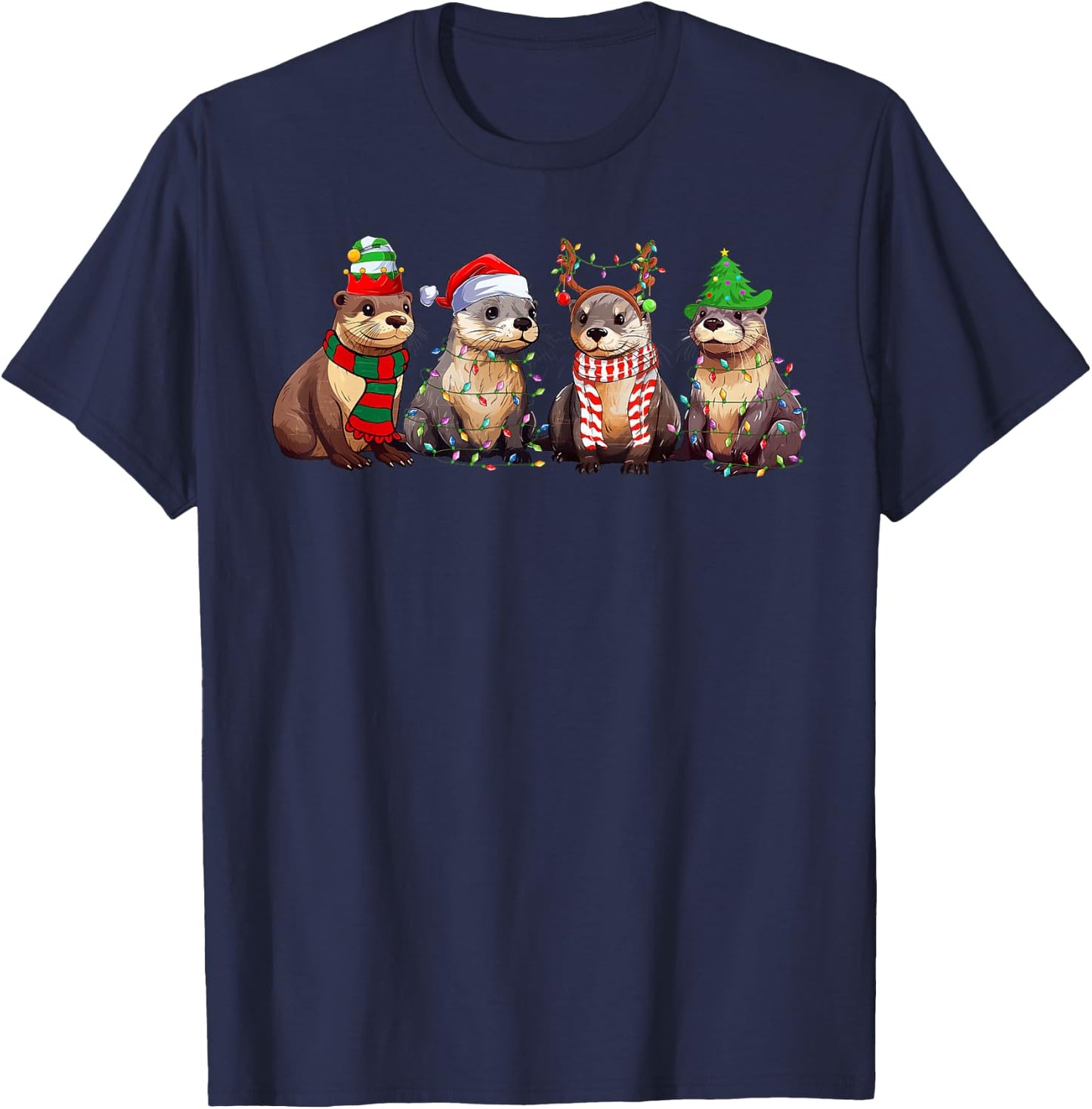 Cute Otter Christmas Pajama Funny Xmas Lights Animals Lover T-Shirt - T-Shirt | Navy