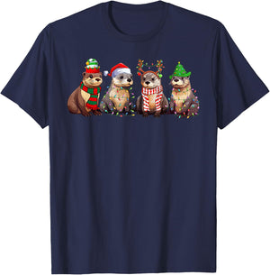 Cute Otter Christmas Pajama Funny Xmas Lights Animals Lover T-Shirt - T-Shirt | Navy