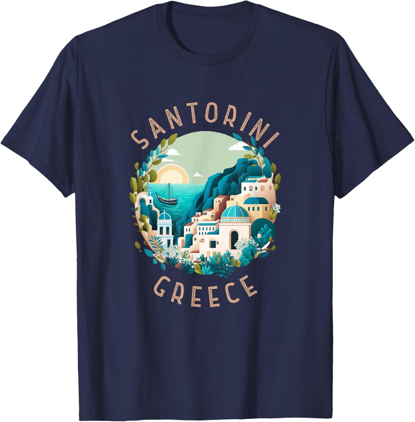 Santorini Greece Retro Distressed Circle T-Shirt - T-Shirt | Navy