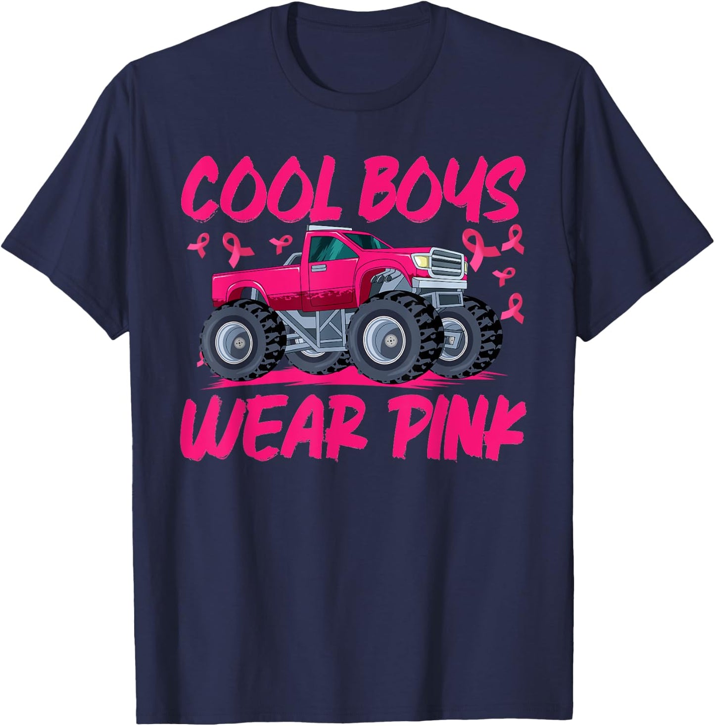 Monster Truck Breast Cancer Awareness Cool Boys Wear Pink T-Shirt - T-Shirt | Navy