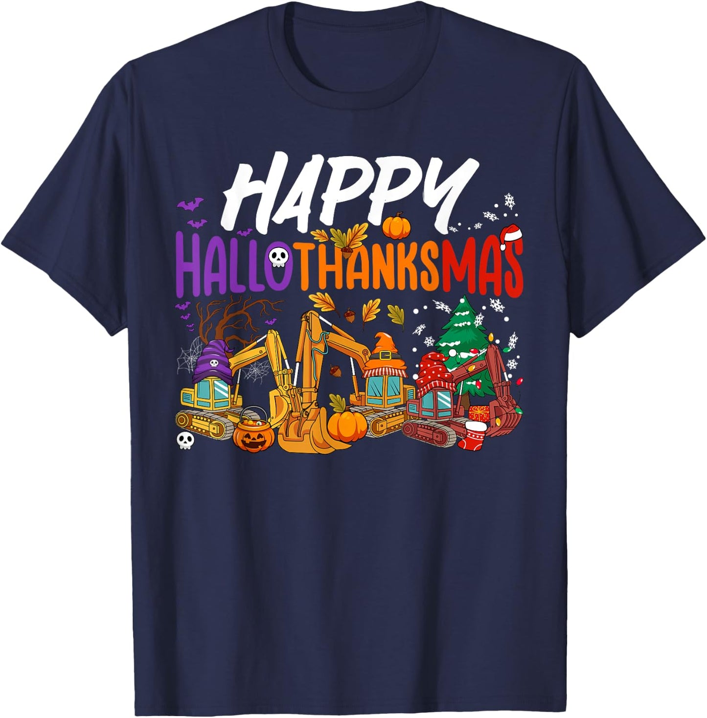 HalloThanksMas Halloween Thanksgiving Christmas Excavator T-Shirt - T-Shirt | Navy