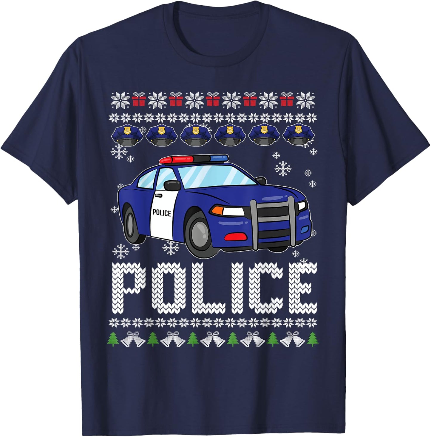 Police Car Ugly Christmas Pajama Xmas Policeman Cop Officer T-Shirt - T-Shirt | Navy