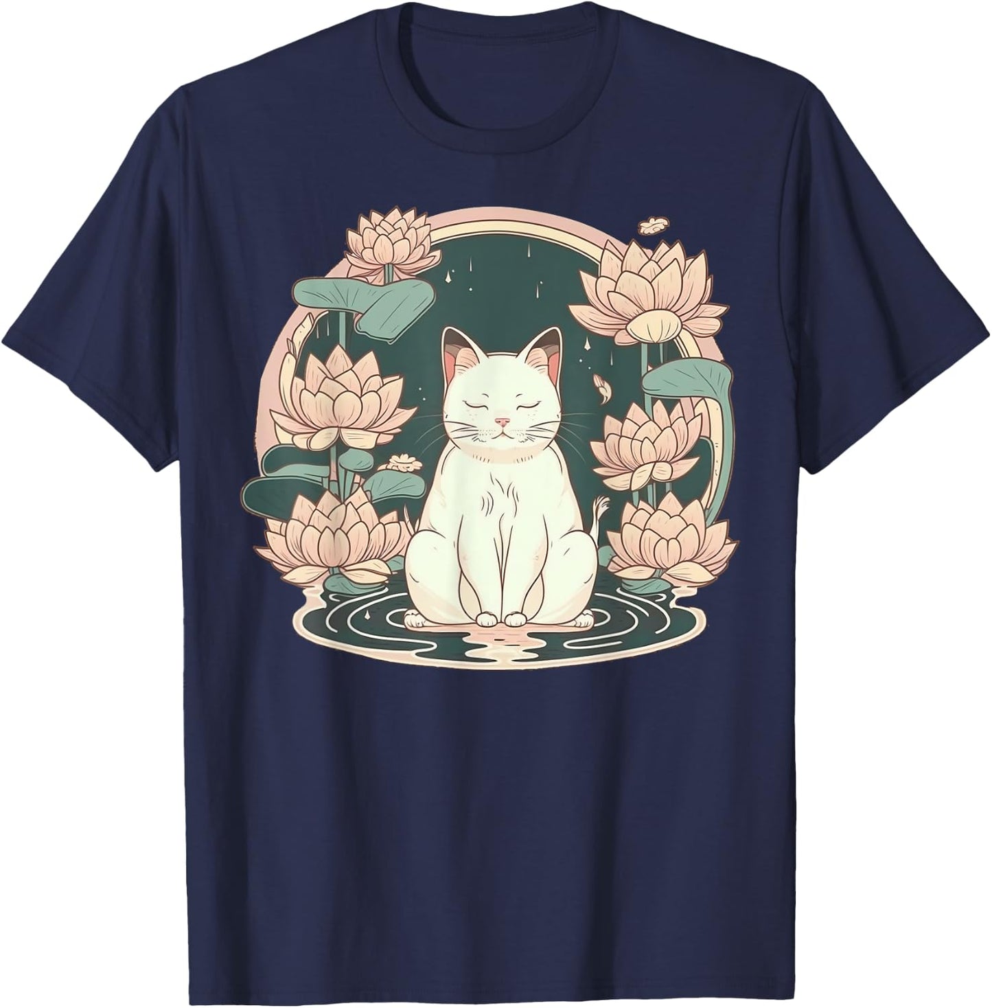 Yoga Meditation Spiritual Zen Lotus Cat on Lotus Flower T-Shirt - T-Shirt | Navy