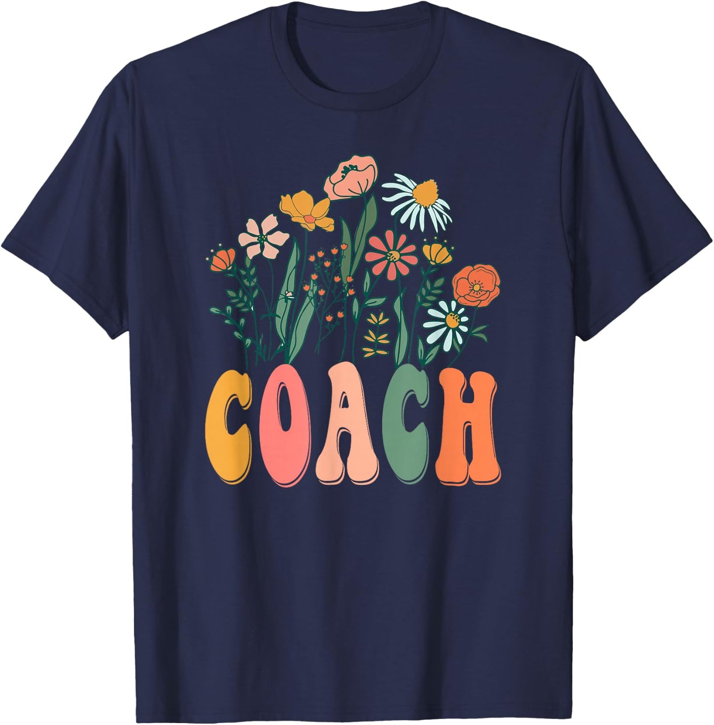 Retro Groovy Floral Coach Wildflower T-Shirt - T-Shirt | Navy