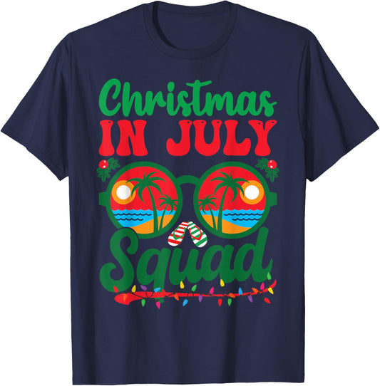 Christmas In July Squad Retro Sunglass Palm Tree Summer Xmas T-Shirt - T-Shirt | Navy