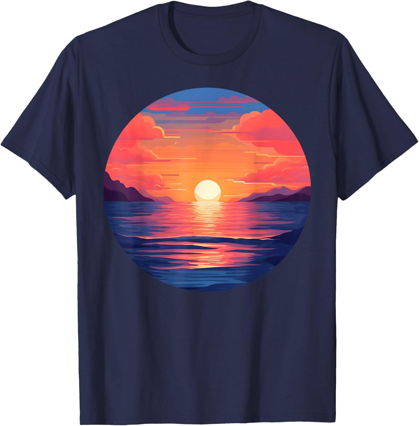 Retro Warm Sunset Calm Ocean Orange Pink Sky Mountains Scene T-Shirt - T-Shirt | Navy