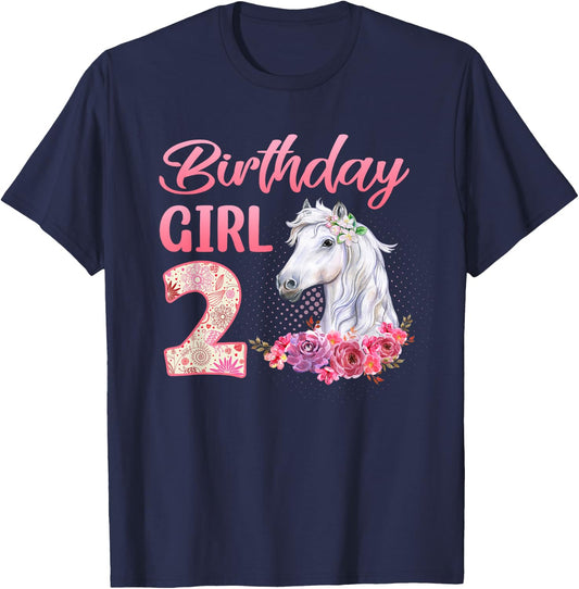 Horse Lovers 2nd Birthday Girl Cute 2 Year Old T-Shirt - T-Shirt | Navy