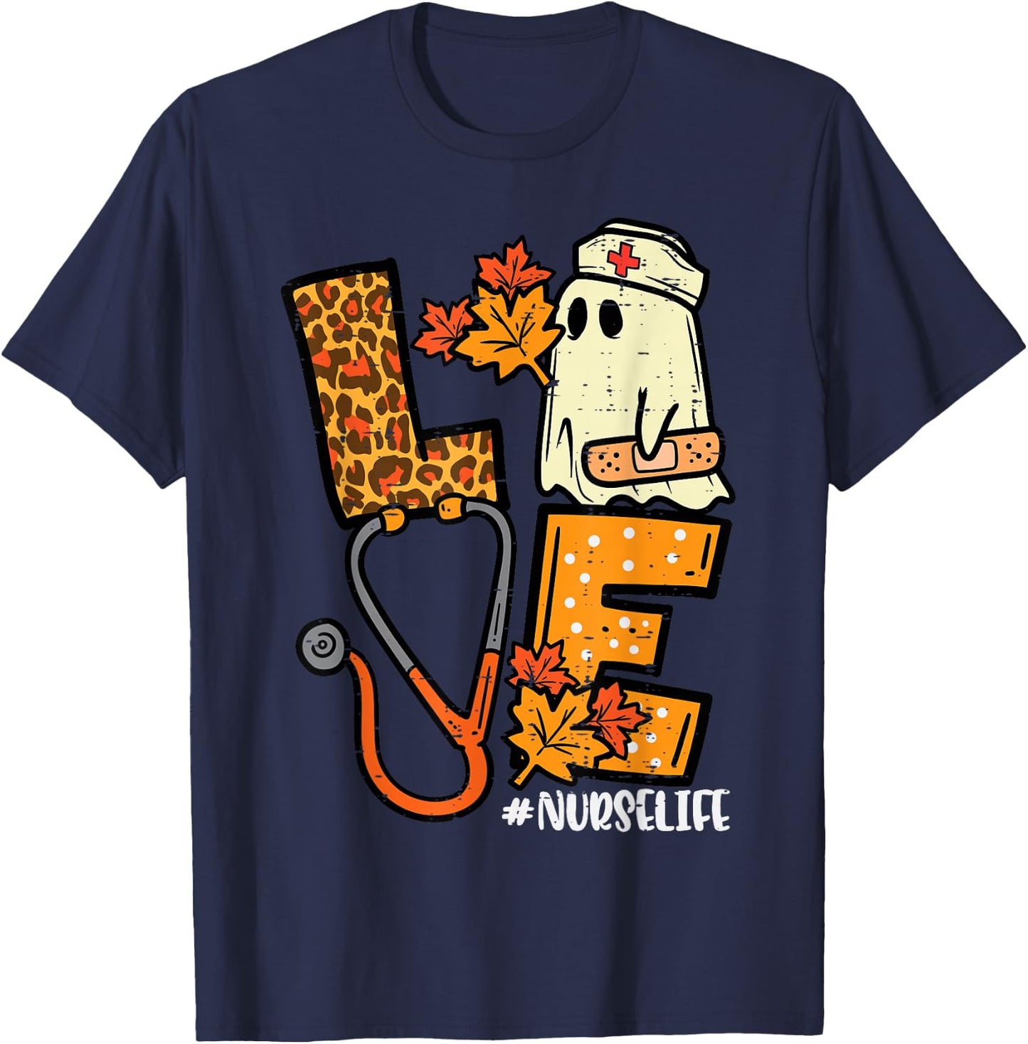 Leopard Ghost Nurse Halloween Costume Fall Scrub Top Women T-Shirt - T-Shirt | Navy