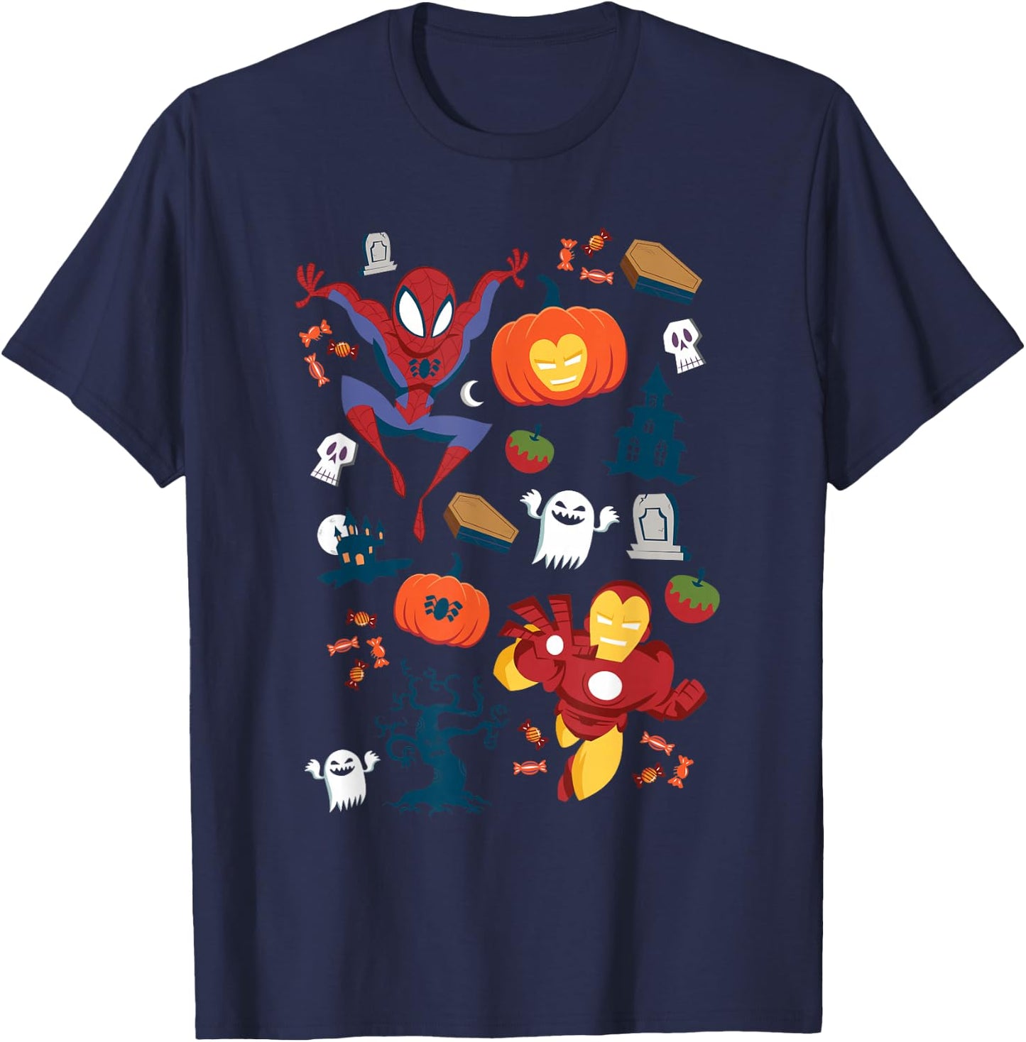 Marvel Iron Man Spider-Man Avengers Stylized Halloween Icons T-Shirt - T-Shirt | Navy
