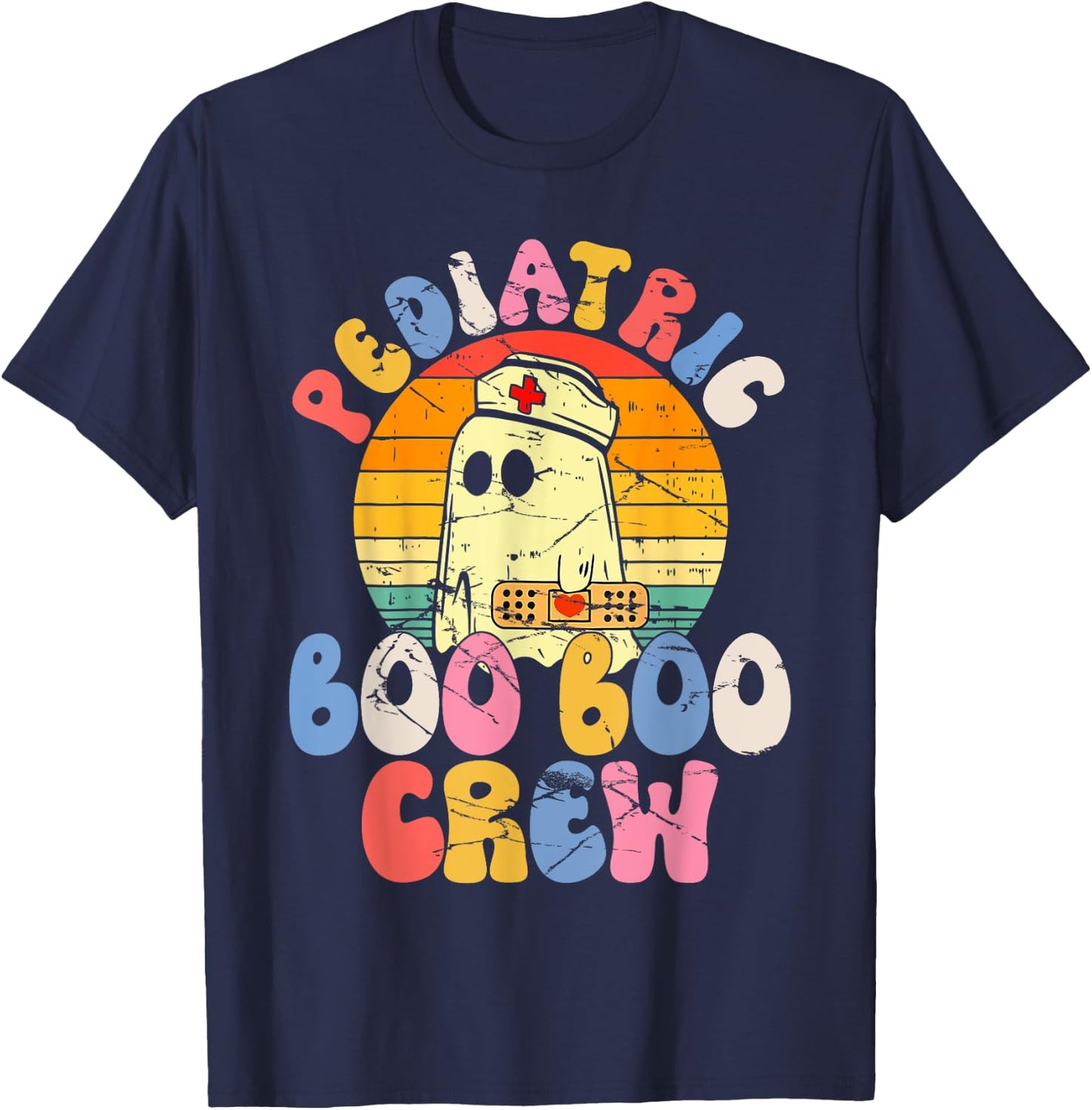 Groovy Ghost Halloween Pediatric RN Nurse Boo Boo Crew T-Shirt - T-Shirt | Navy