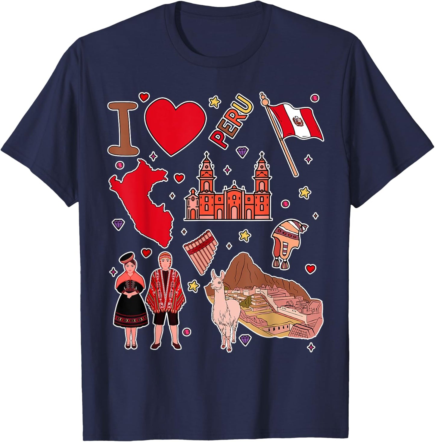 Peruvian hand drawn landmarks, Peru map, Culture icons T-Shirt - T-Shirt | Navy