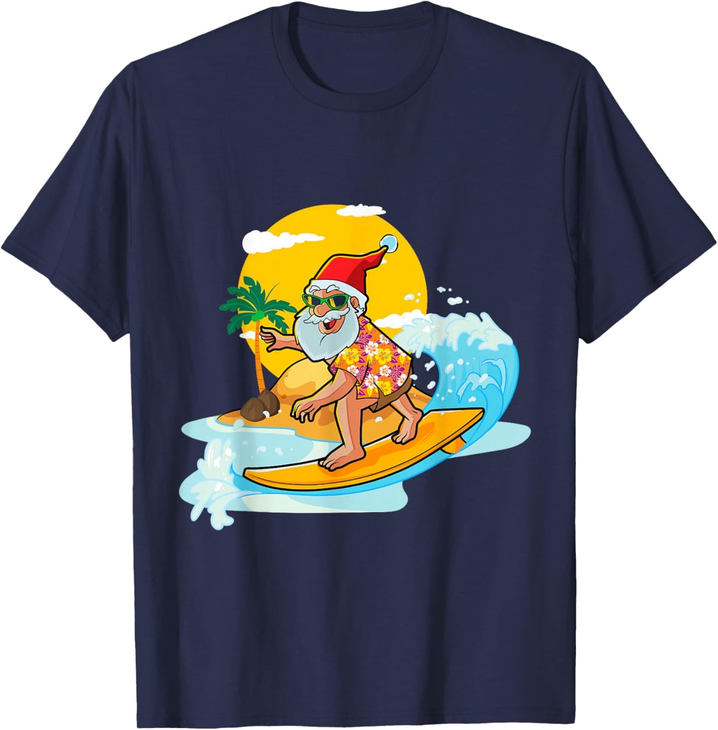 Christmas in July Funny Santa Surfing Summer Aloha Hawaiian T-Shirt - T-Shirt | Navy