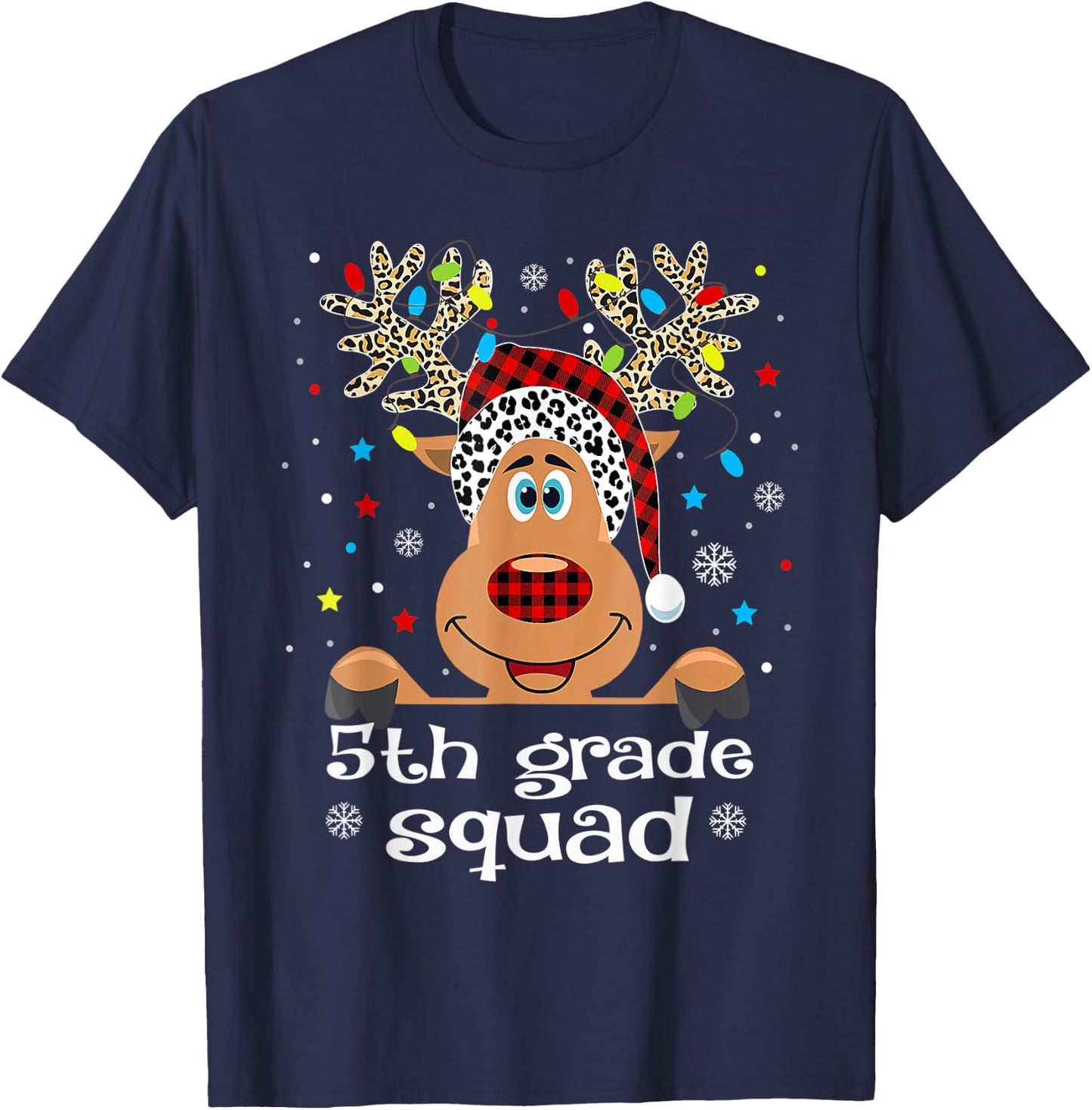 5th Grade Squad Plaid Reindeer Santa Hat Teacher Christmas T-Shirt - T-Shirt | Navy