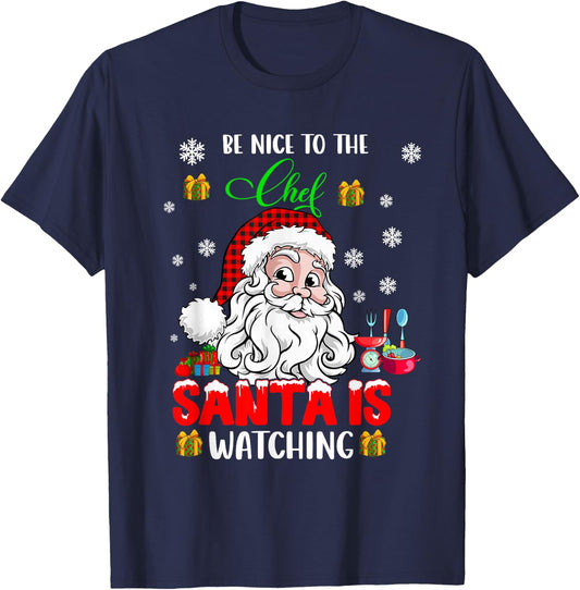 Be Nice to The Chef Santa is Watching Xmas Santa Face Chef T-Shirt - T-Shirt | Navy
