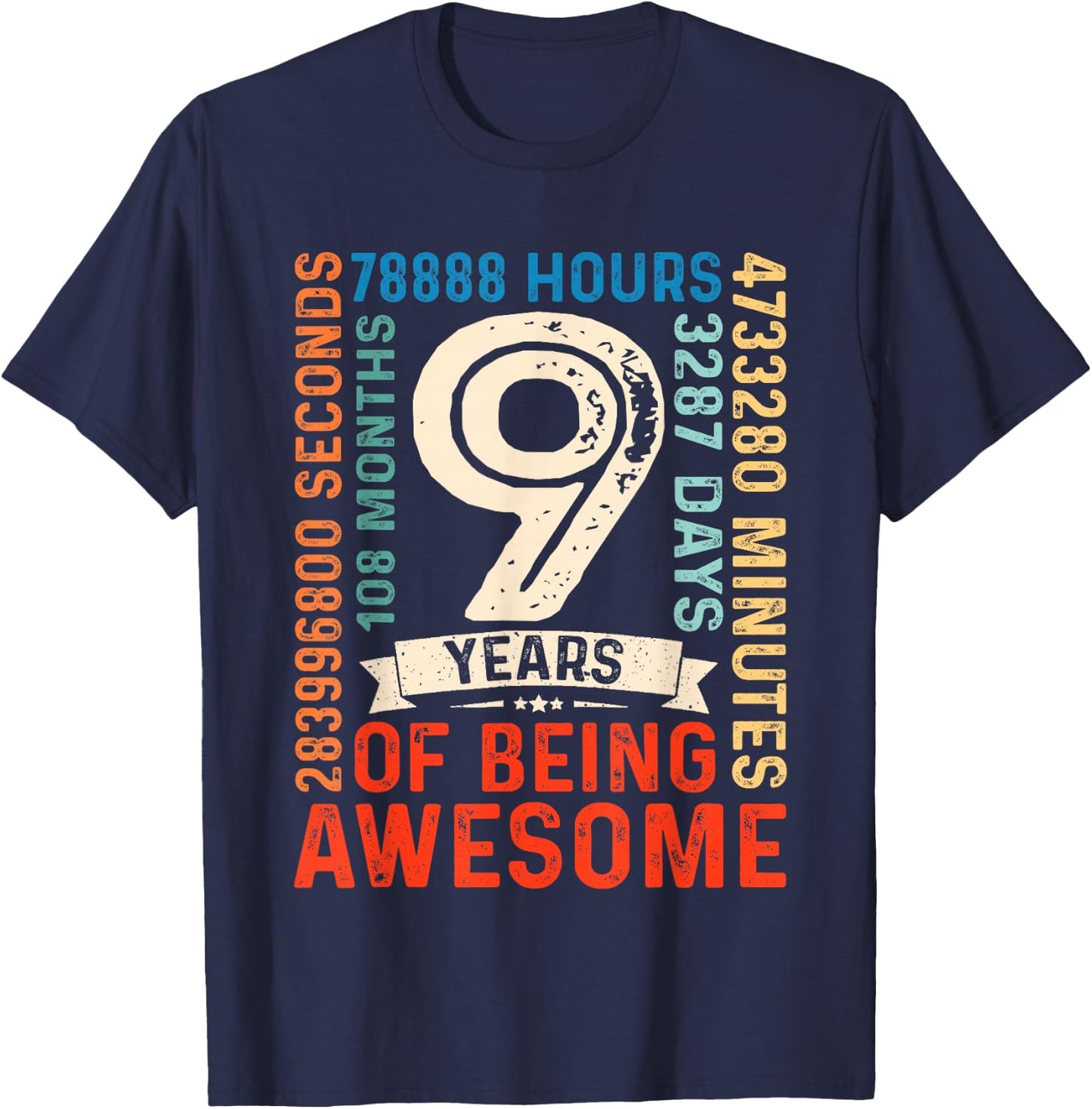Nine 9yr Vintage 9th Birthday 9 Years Old Retro 108 Months T-Shirt - T-Shirt | Navy