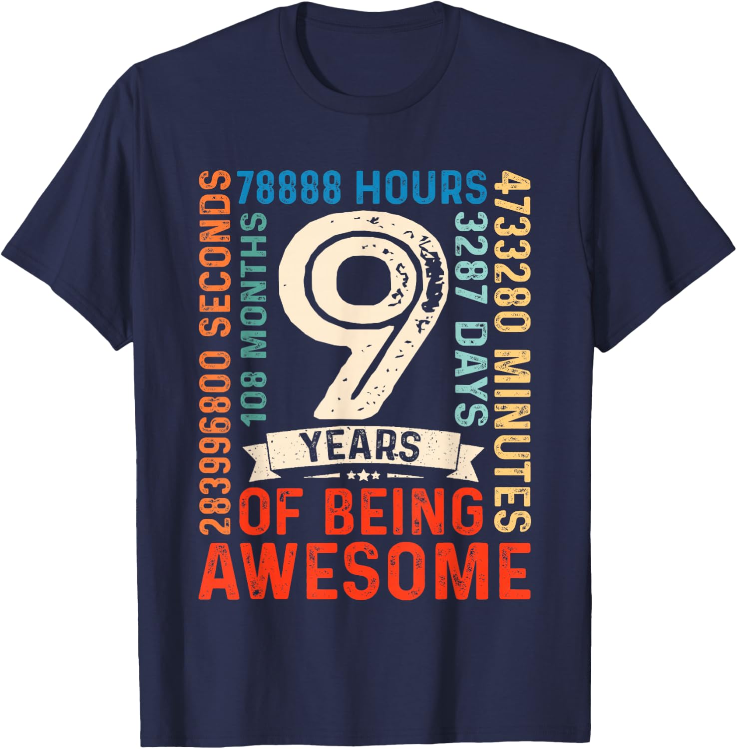 Nine 9yr Vintage 9th Birthday 9 Years Old Retro 108 Months T-Shirt - T-Shirt | Navy
