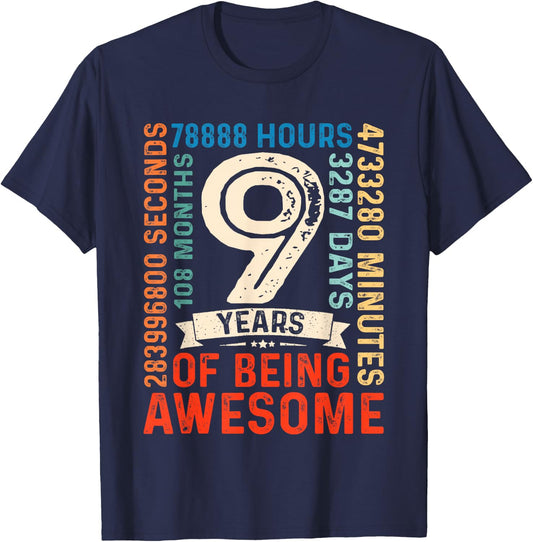 Nine 9yr Vintage 9th Birthday 9 Years Old Retro 108 Months T-Shirt - T-Shirt | Navy