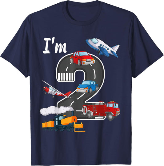 Trains Car Fire Truck Airplane 2nd Birthday Boy 2 Year Old T-Shirt - T-Shirt | Navy