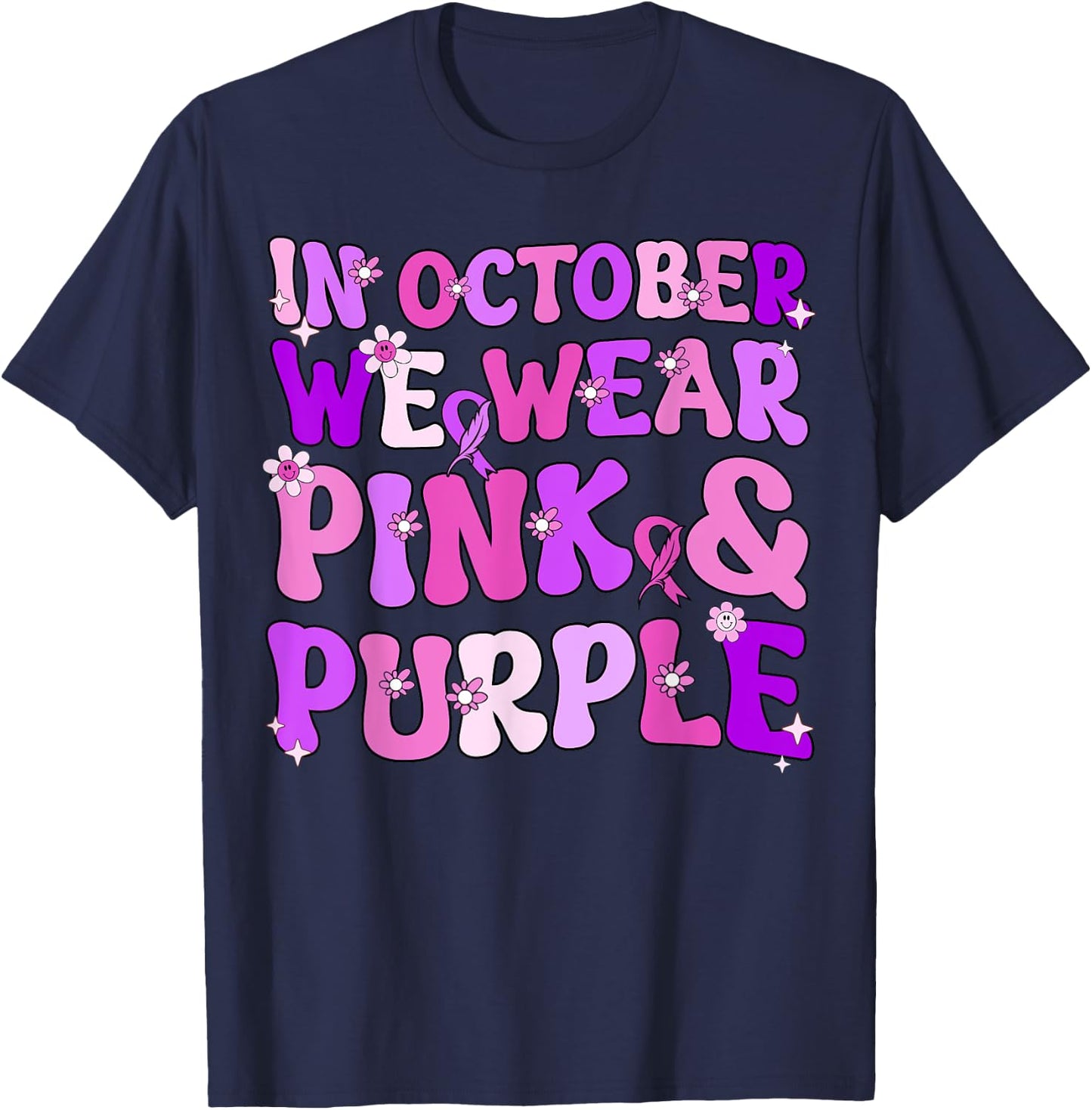 Groovy Domestic Violence And Breast Cancer Awareness Month T-Shirt - T-Shirt | Navy