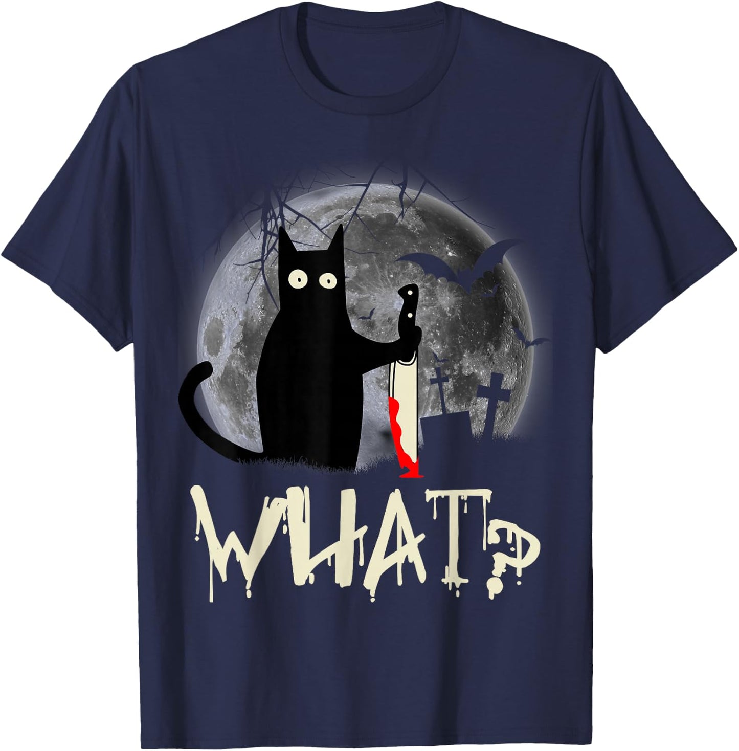 Funny Cat What? Murderous Black Cat With Knife Halloween T-Shirt - T-Shirt | Navy