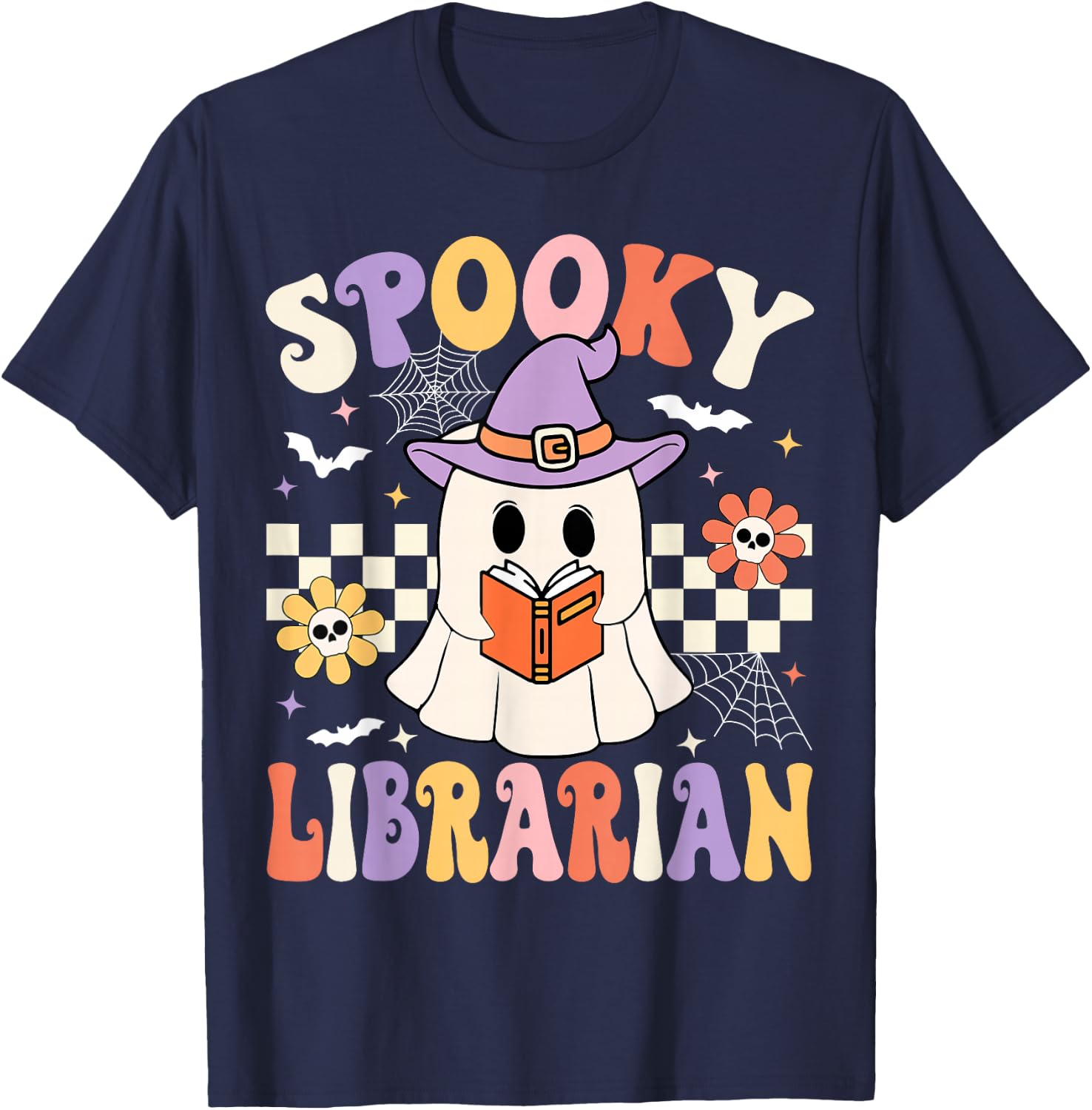 Groovy Spooky Librarian Halloween Library ghost Librarian T-Shirt - T-Shirt | Navy