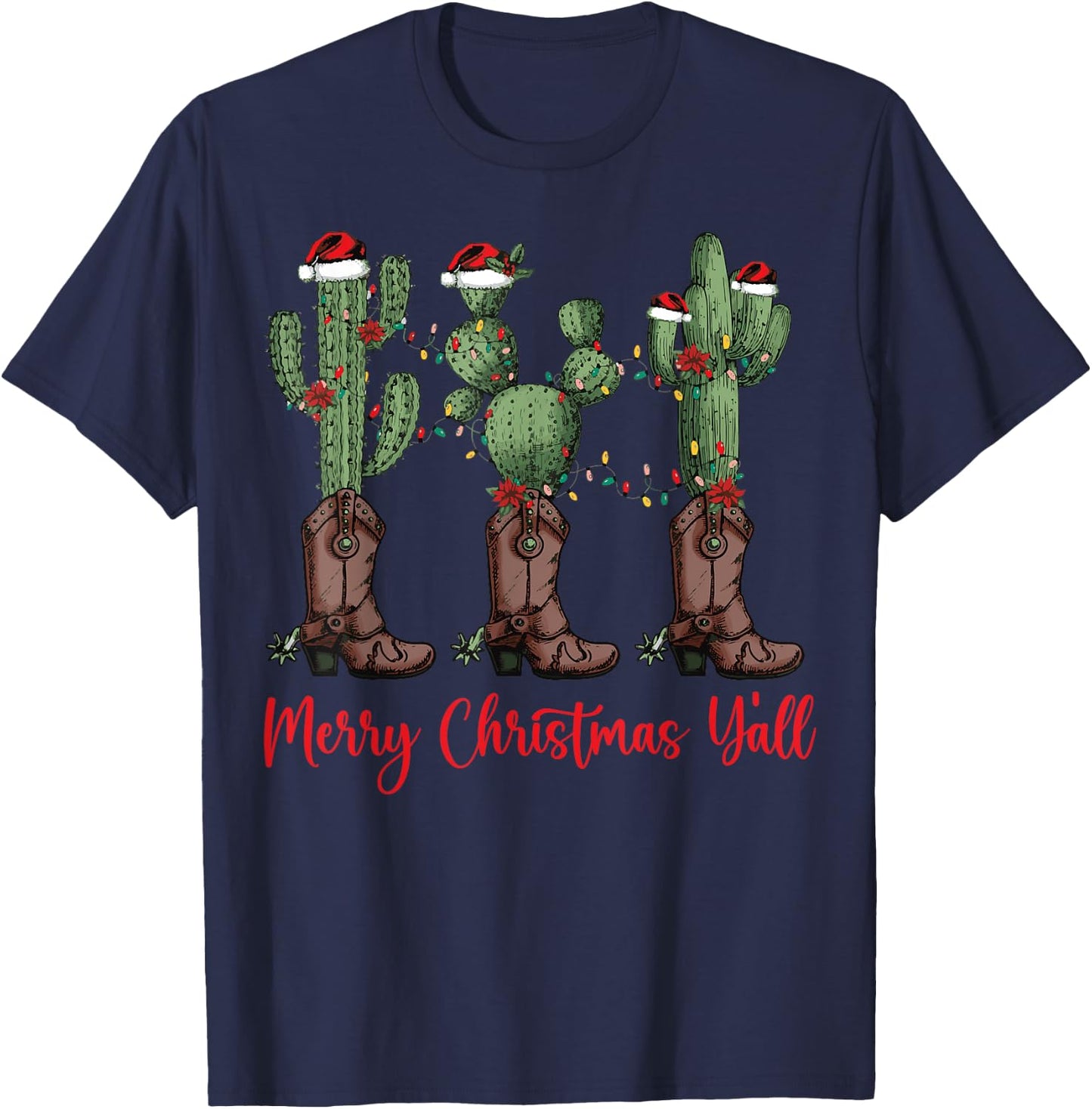 Merry Christmas Y'all Western Country Cowboy Boots Holiday T-Shirt - T-Shirt | Navy