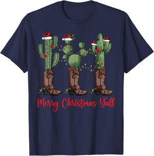 Merry Christmas Y'all Western Country Cowboy Boots Holiday T-Shirt - T-Shirt | Navy