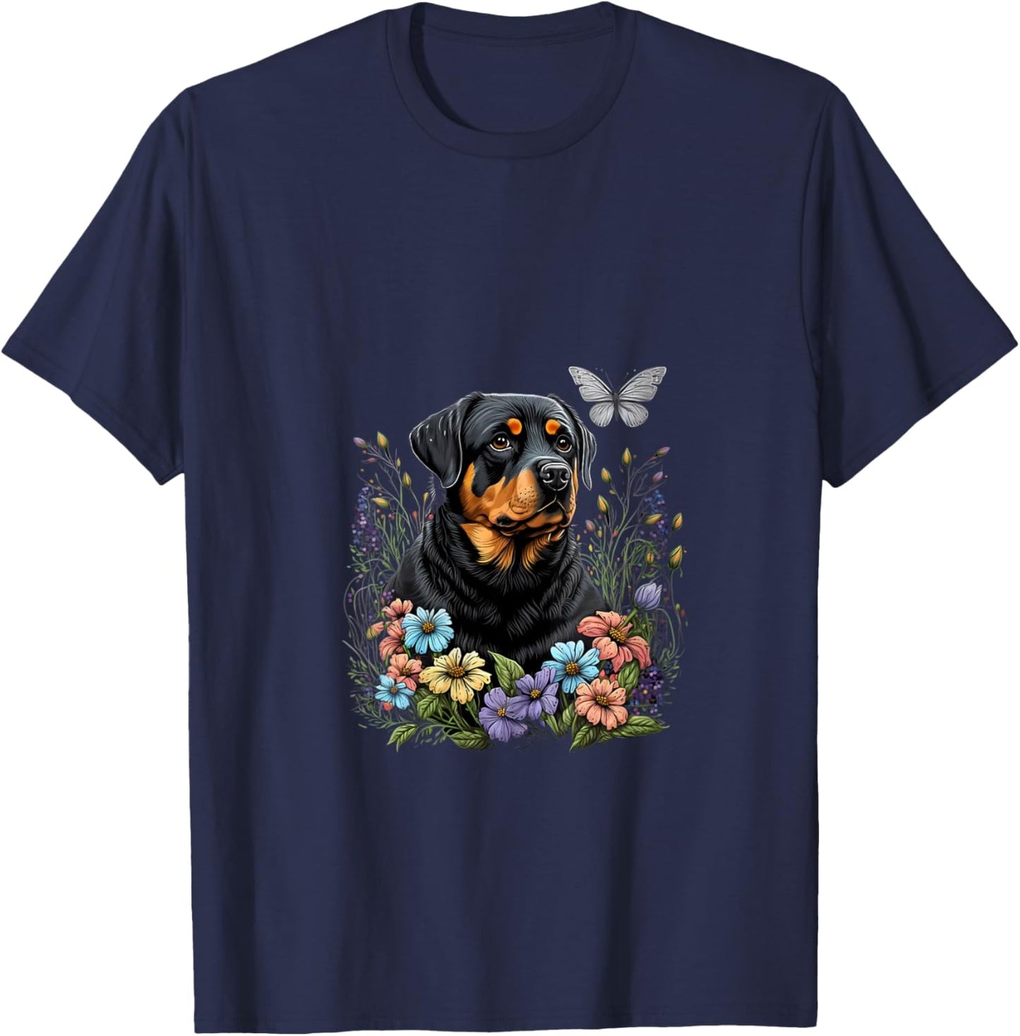 Women's Rottweiler and Butterfly in the Spring Garden Floral Black V-Neck T-Shirt - T-Shirt | Navy