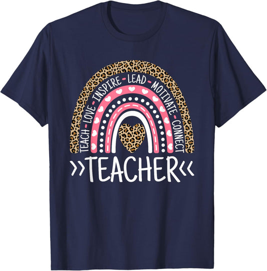 Cute Rainbow Leopard Print Cute Teacher Outfit Women Teacher T-Shirt - T-Shirt | Navy
