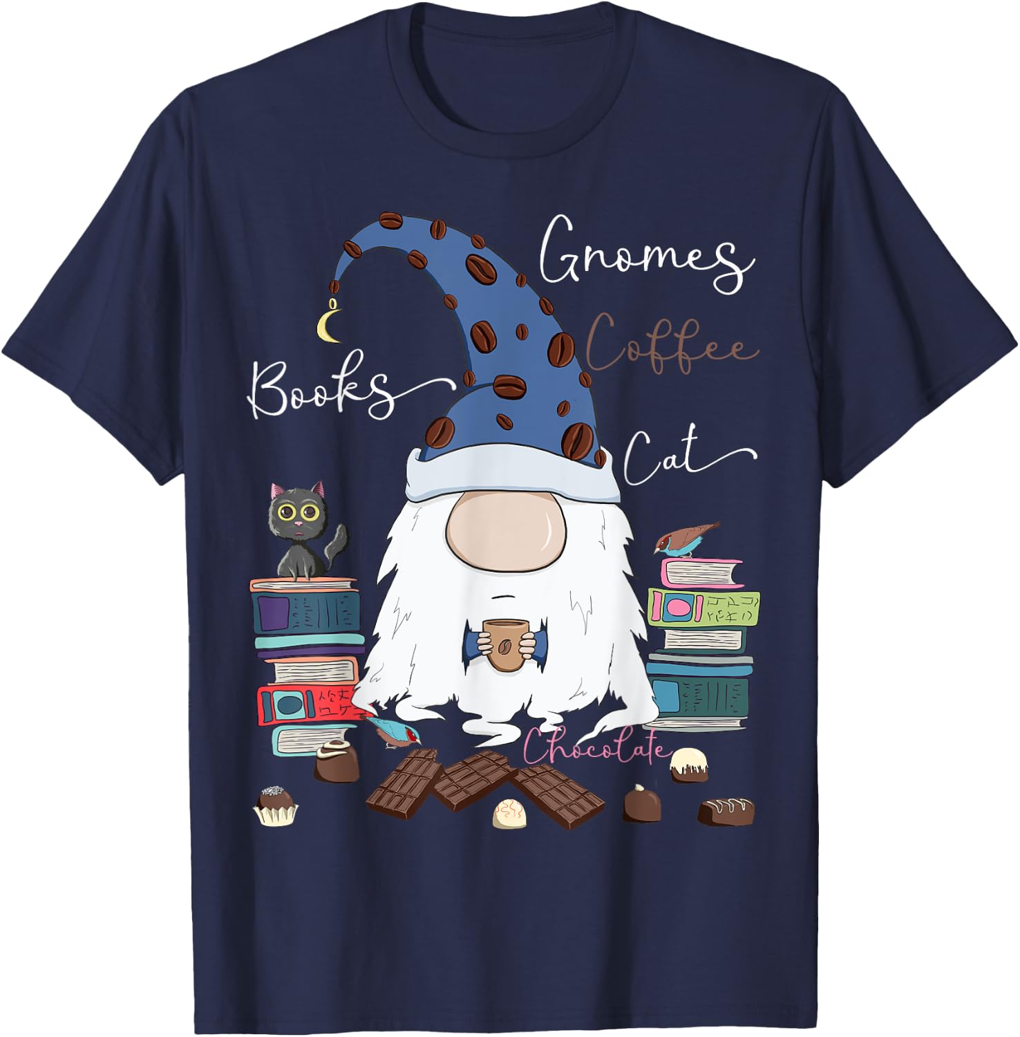 Gnomes Coffee Books Cat Chocolate Funny Gnome & Coffee Lover Men Women Girls Kids T-Shirt - T-Shirt | Navy