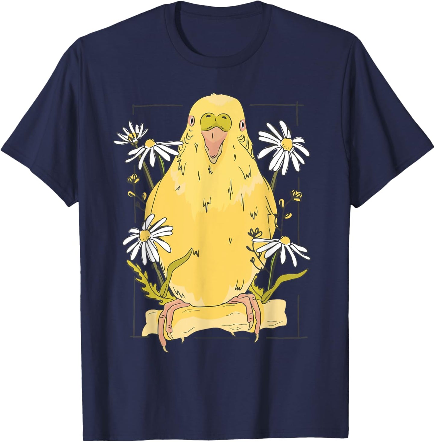 Parakeet with Daisies Yellow Budgie Parakeet T-Shirt - T-Shirt | Navy