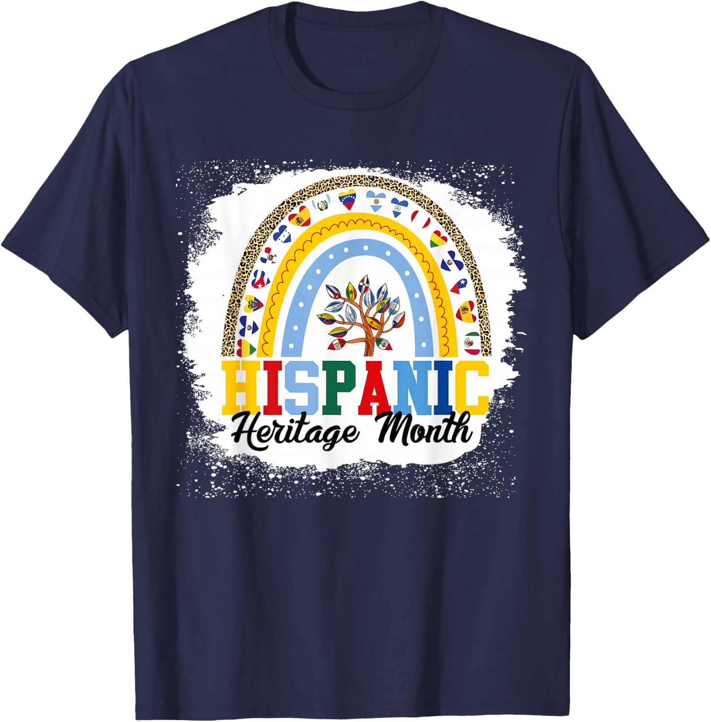 Hispanic Heritage Month all Countries Flags rainbow leopard T-Shirt - T-Shirt | Navy