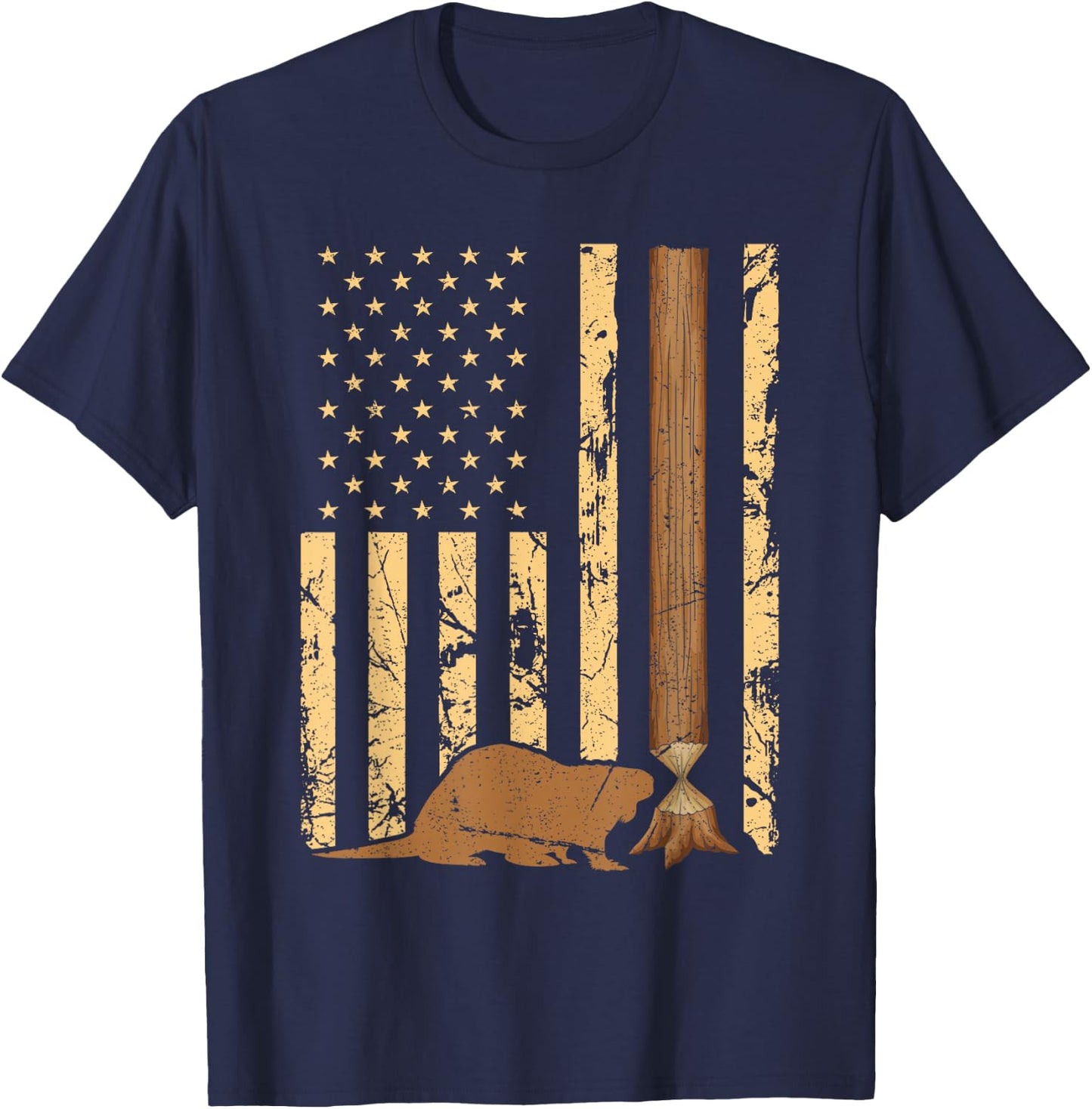 Beaver Hunting American Flag Vintage Patriotic Beaver Hunter T-Shirt - T-Shirt | Navy