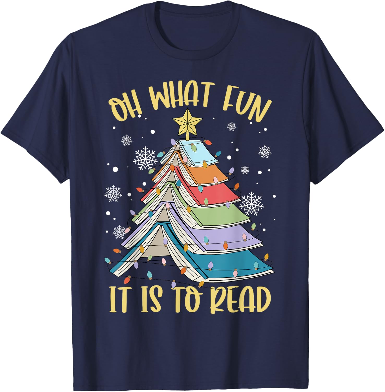 Oh What Fun It is to Read Book Christmas Tree Lights Apparel T-Shirt - T-Shirt | Navy