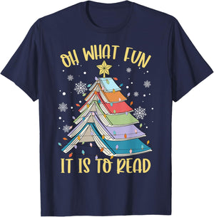 Oh What Fun It is to Read Book Christmas Tree Lights Apparel T-Shirt - T-Shirt | Navy