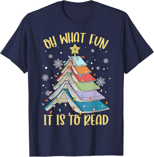 Oh What Fun It is to Read Book Christmas Tree Lights Apparel T-Shirt - T-Shirt | Navy