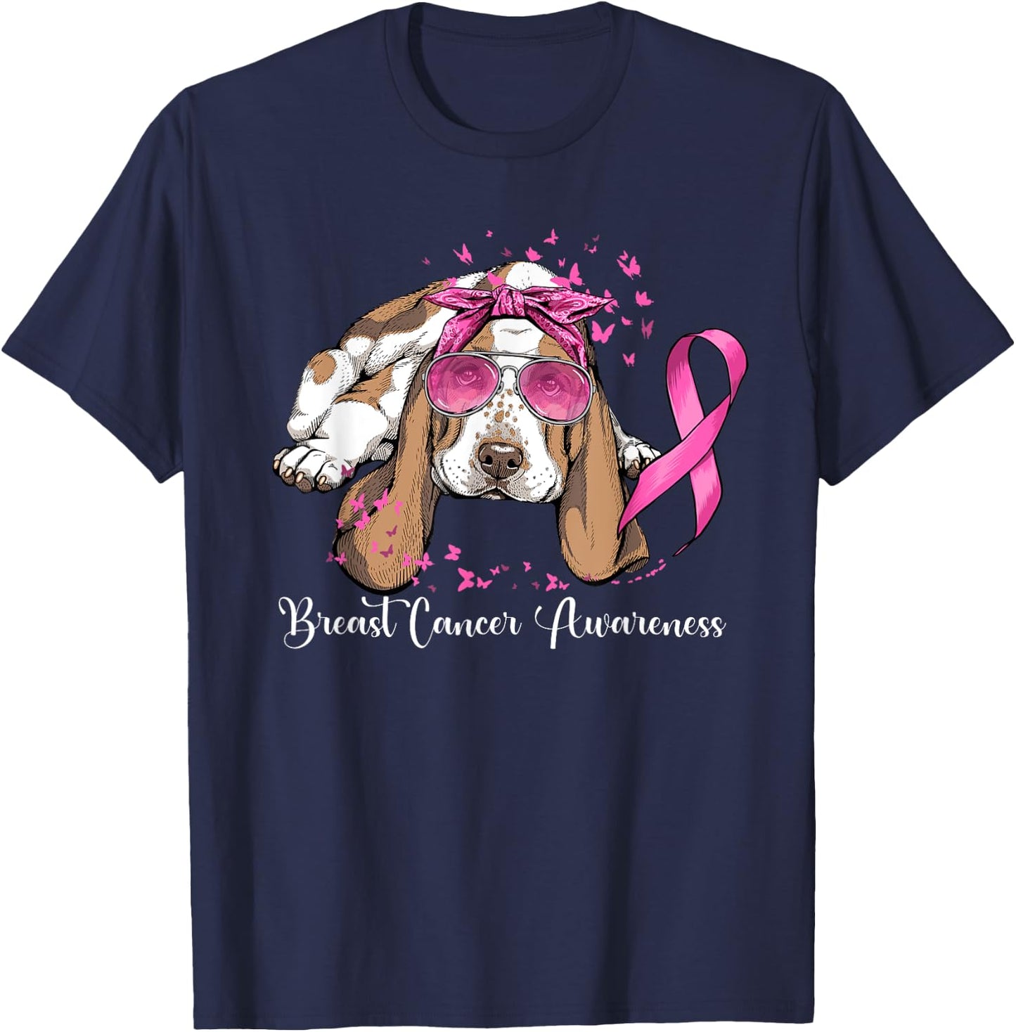 Basset Hound Dog Lover Pink Ribbon Breast Cancer Awareness Men Women T-Shirt - T-Shirt | Navy