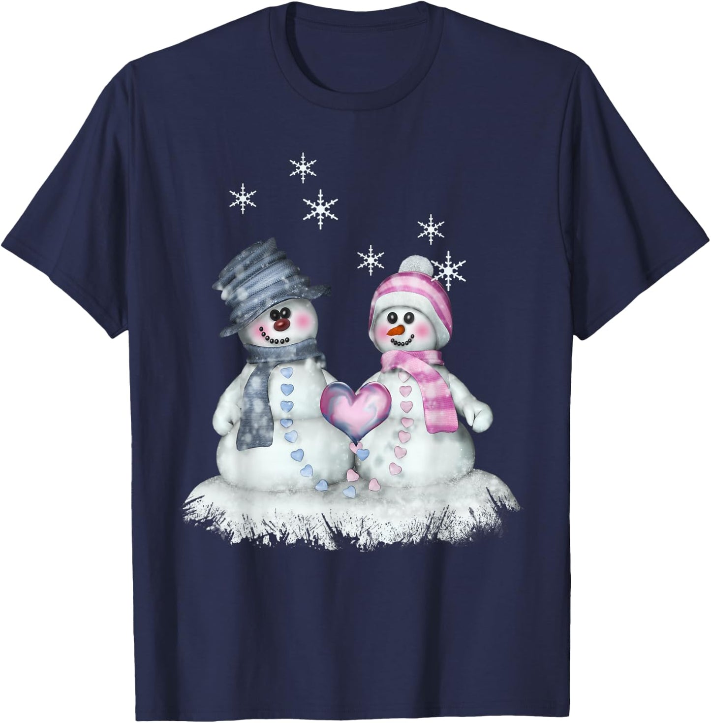 Snowman & Snowwoman with Heart Winter Motif T-Shirt - T-Shirt | Navy