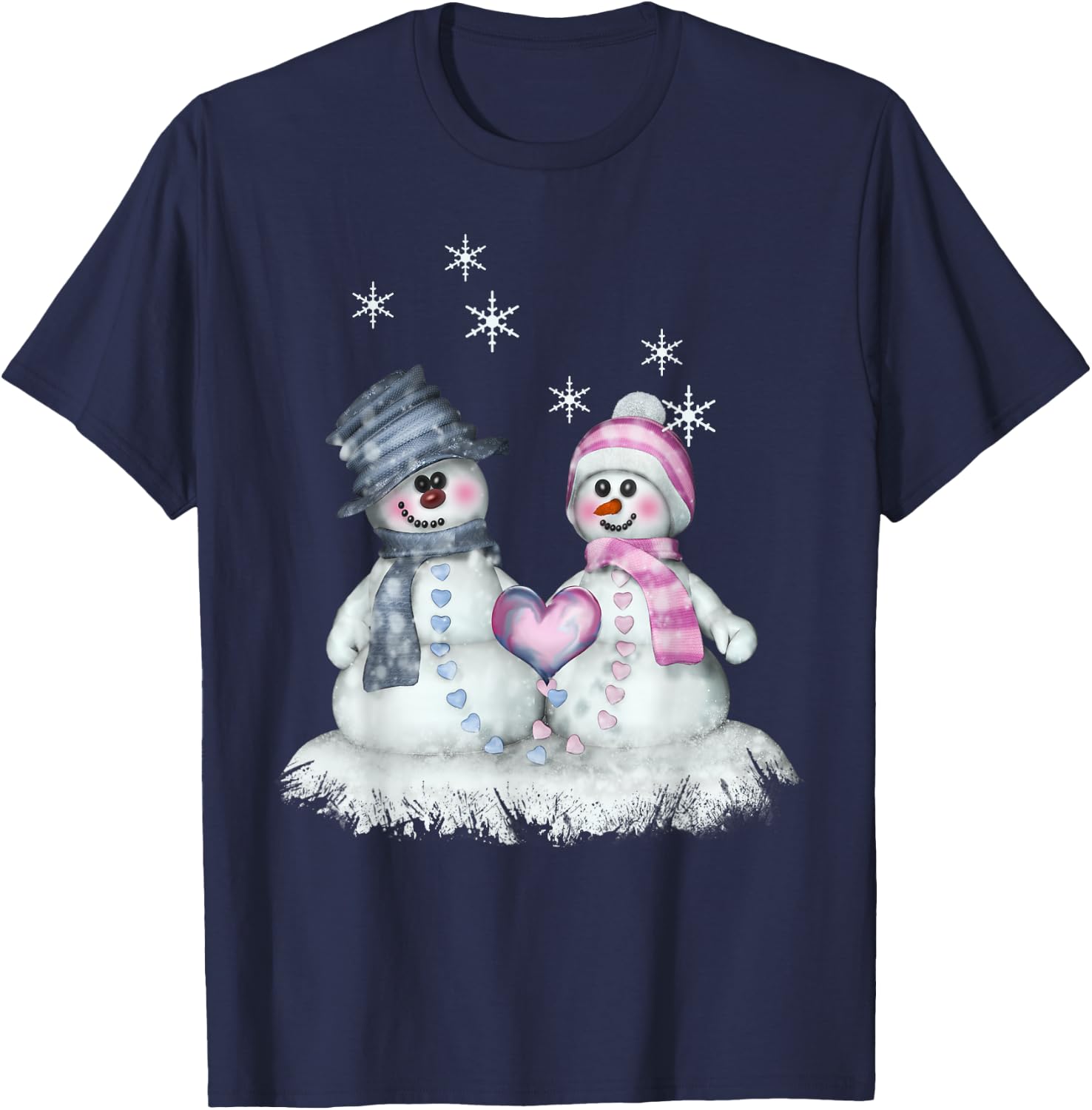 Snowman & Snowwoman with Heart Winter Motif T-Shirt - T-Shirt | Navy
