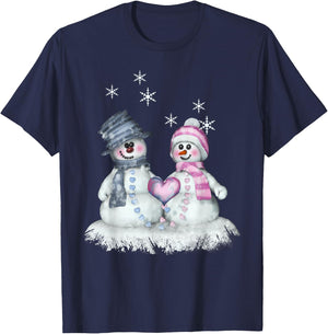 Snowman & Snowwoman with Heart Winter Motif T-Shirt - T-Shirt | Navy